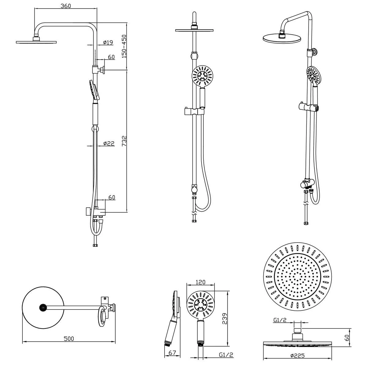 Tiger Tyne Doucheset - Regendouche Ø 22,5 Cm - Handdouche Ø 12 Cm - 3 Standen - Mat Zwart - Afbeelding 8