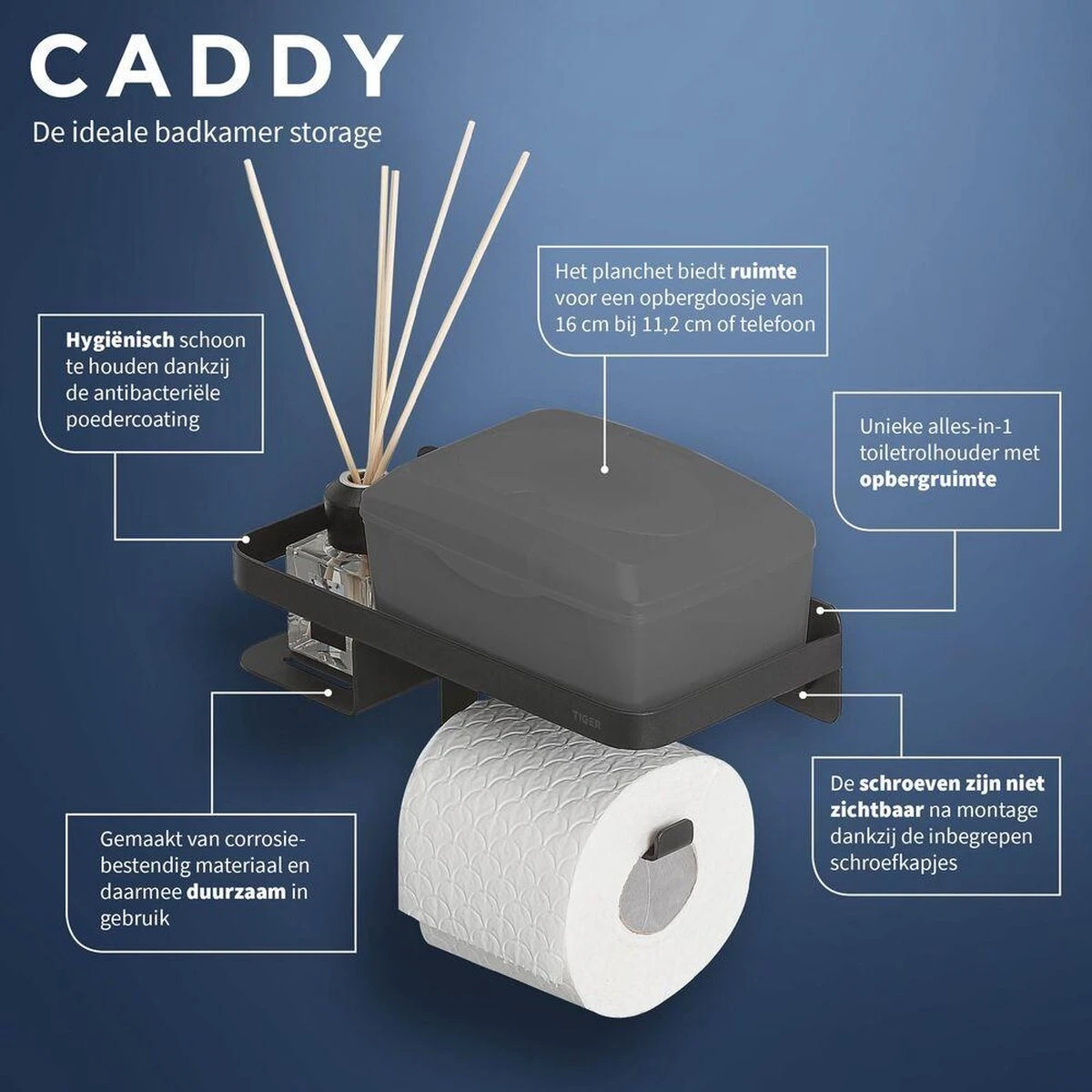 Tiger Caddy - Toiletrolhouder Met Planchet 24 Cm - Zwart - Afbeelding 4